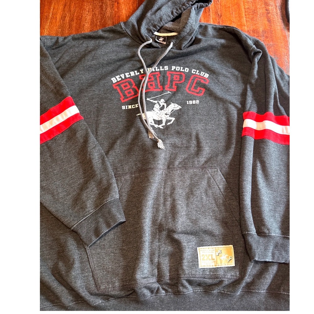 Beverly Hills Polo Club Mens 2XL Gray BHPC Logo Hoodie Varsity Stripe Pullover